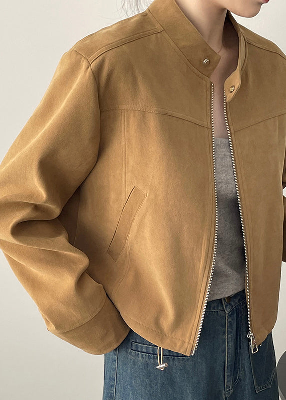 Brown Stand Collar Zippered Faux Suede Coats Fall Wd006