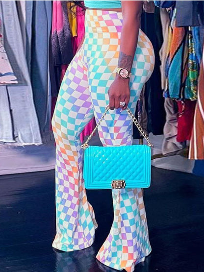 High Waist Gradient Plaid Print Flared Pants Ac203