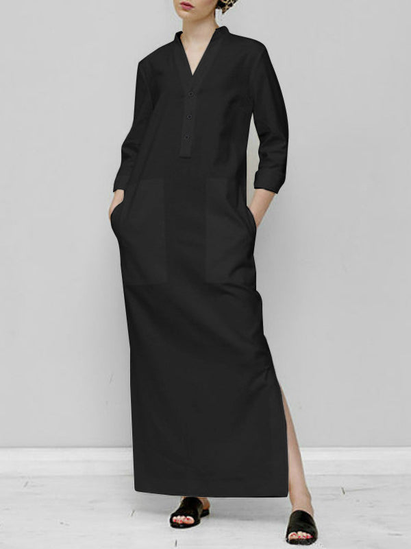 Long Sleeves Loose Color Split-joint V-neck Maxi Dresses
