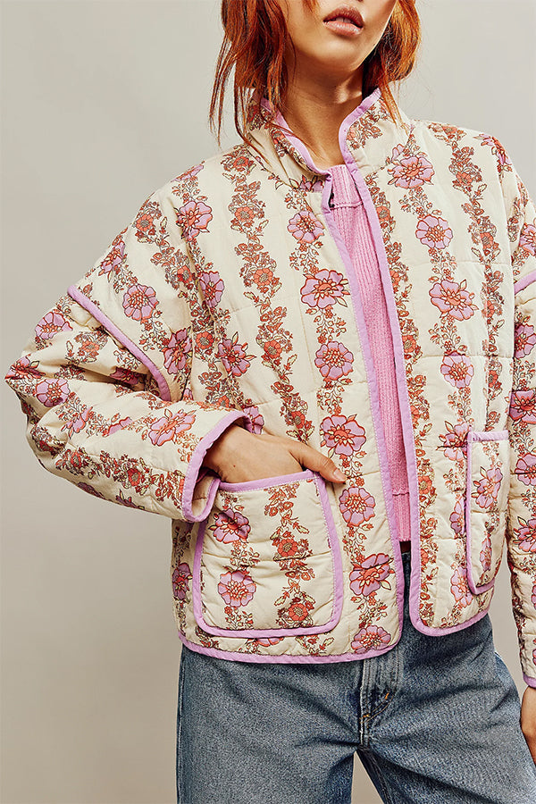 Print Pocket Contrast Concealed Button Cotton Coat