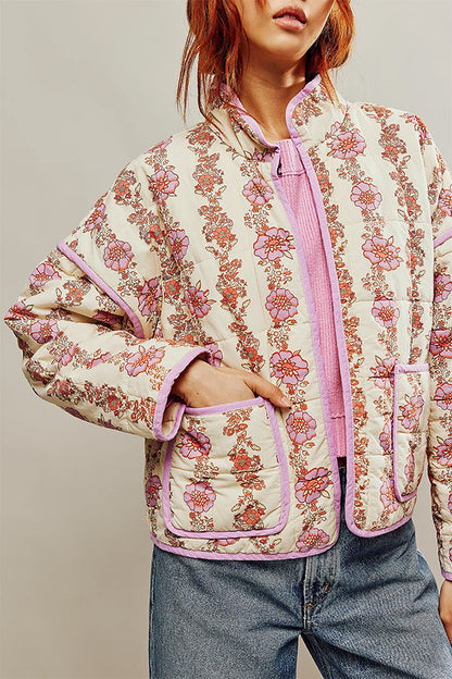 Print Pocket Contrast Concealed Button Cotton Coat