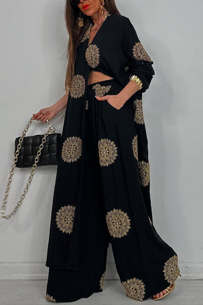 Unique Printed V-neck Long Sleeve Long Shirt and Elastic Waist Pocket Wide Leg Pants Set