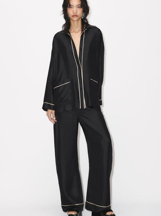 Oversized Fit Black Satin Silk Shirt & Pyjamas Pants Coord Set
