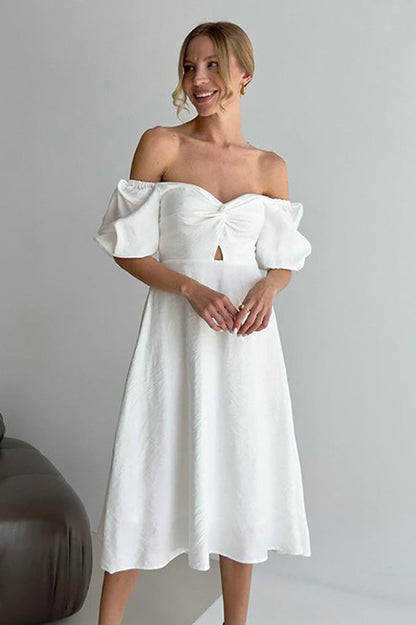 Off-shoulder Puff Sleeve Cotton Midi Dress