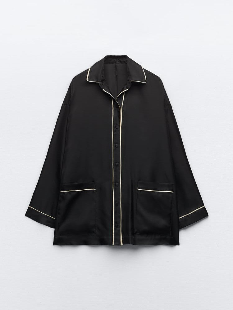 Oversized Fit Black Satin Silk Shirt & Pyjamas Pants Coord Set