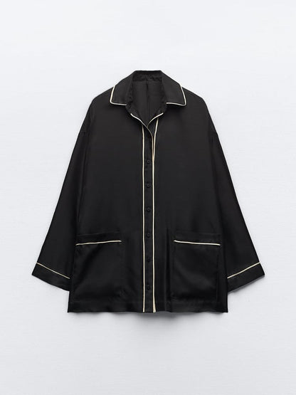 Oversized Fit Black Satin Silk Shirt & Pyjamas Pants Coord Set