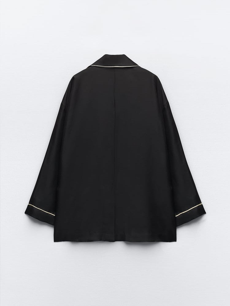 Oversized Fit Black Satin Silk Shirt & Pyjamas Pants Coord Set