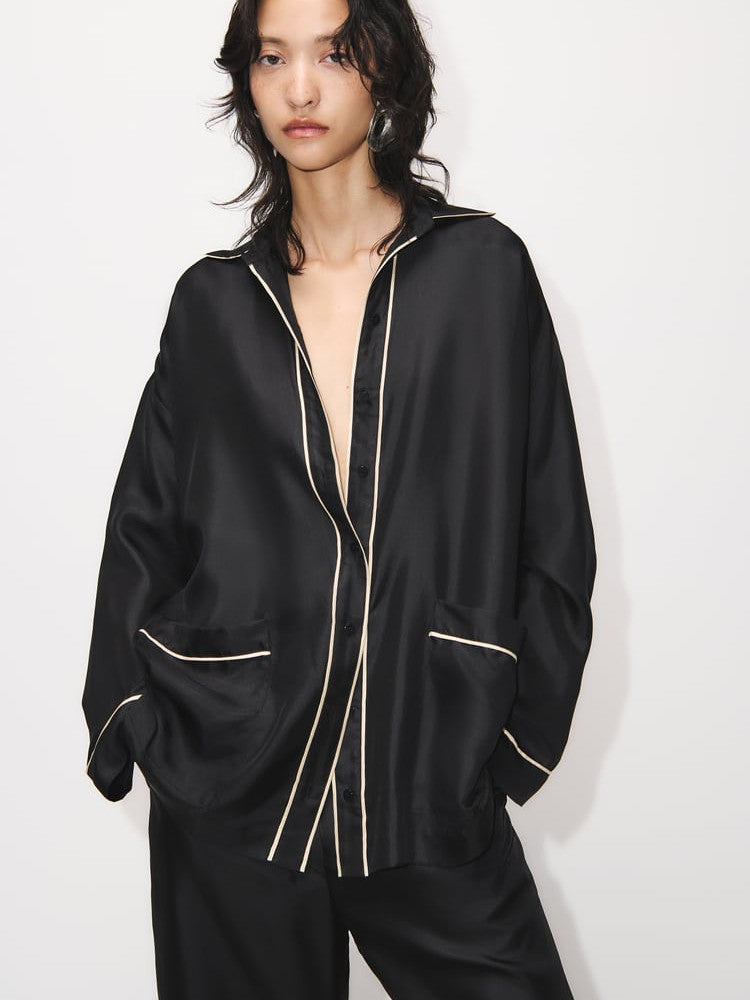 Oversized Fit Black Satin Silk Shirt & Pyjamas Pants Coord Set