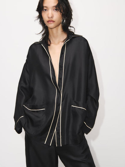 Oversized Fit Black Satin Silk Shirt & Pyjamas Pants Coord Set