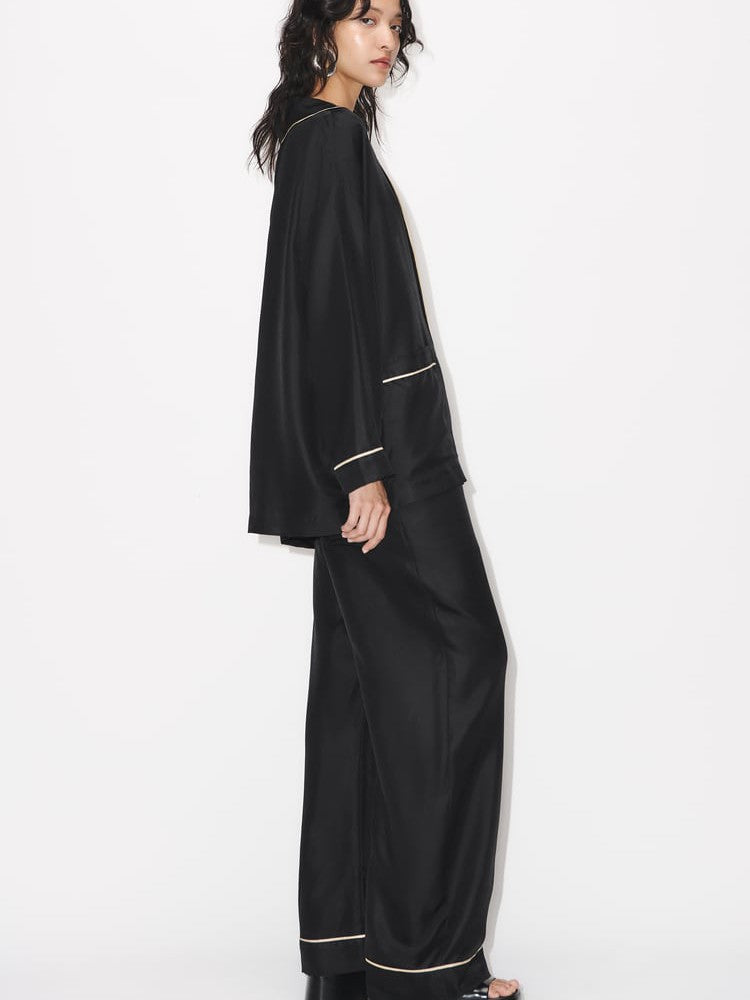 Oversized Fit Black Satin Silk Shirt & Pyjamas Pants Coord Set