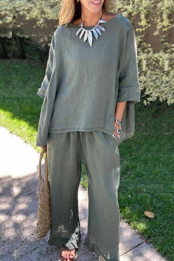 Color Loose Top \u0026 Pants Cotton Linen Two-piece Set