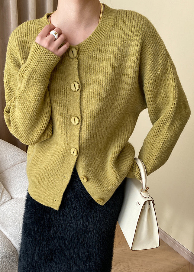 Yellow Cozy Knit Coats O Neck Long Sleeve Af1017