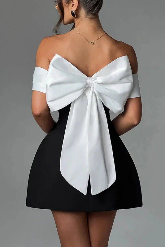 Contrast Off-the-shoulder Bow-embellished Mini Dress