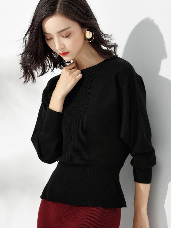 Red Boat Neck Tunic Ruffled Hem Long Sleeve Sweater An1040