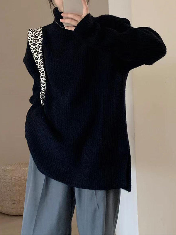 Simple Blue High Neck Split-side Long Sleeve Sweater Qx013