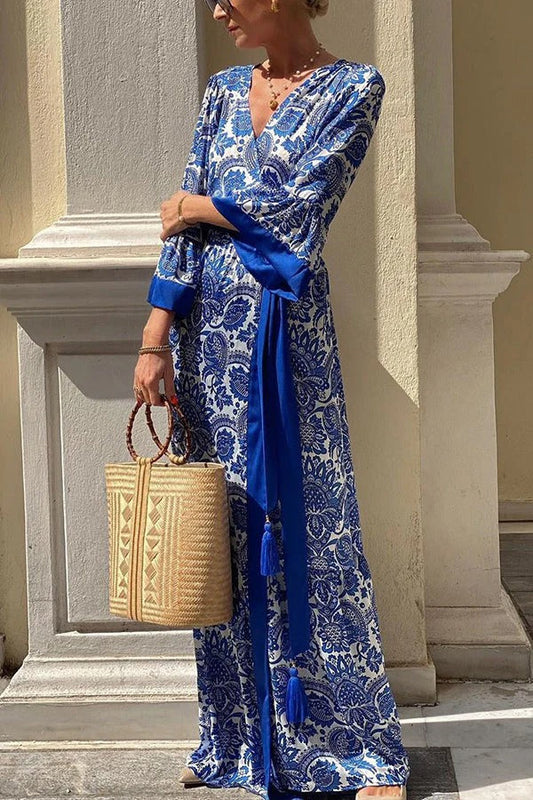 Greek Island Satin Unique Print Tassel Belted Wrap Maxi Dress