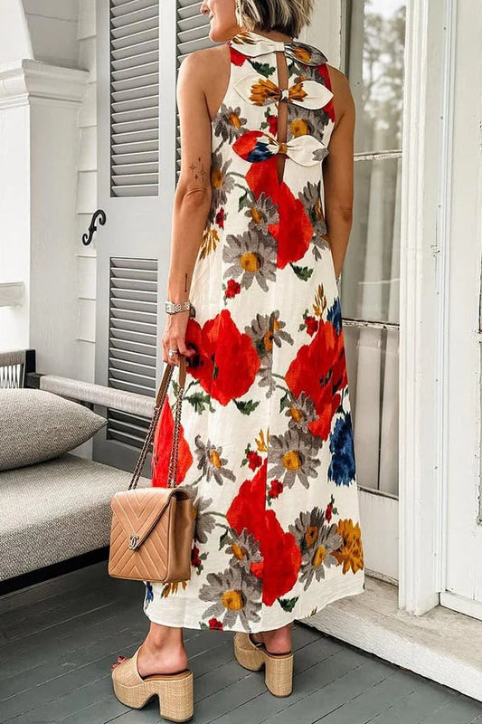 Crimson Poppy Linen Blend Back Bow Details Loose Maxi Dress