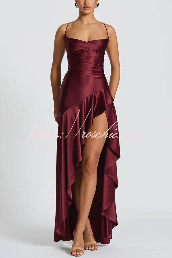 Color Backless Lace-up Irregular Ruffled Maxi Dress
