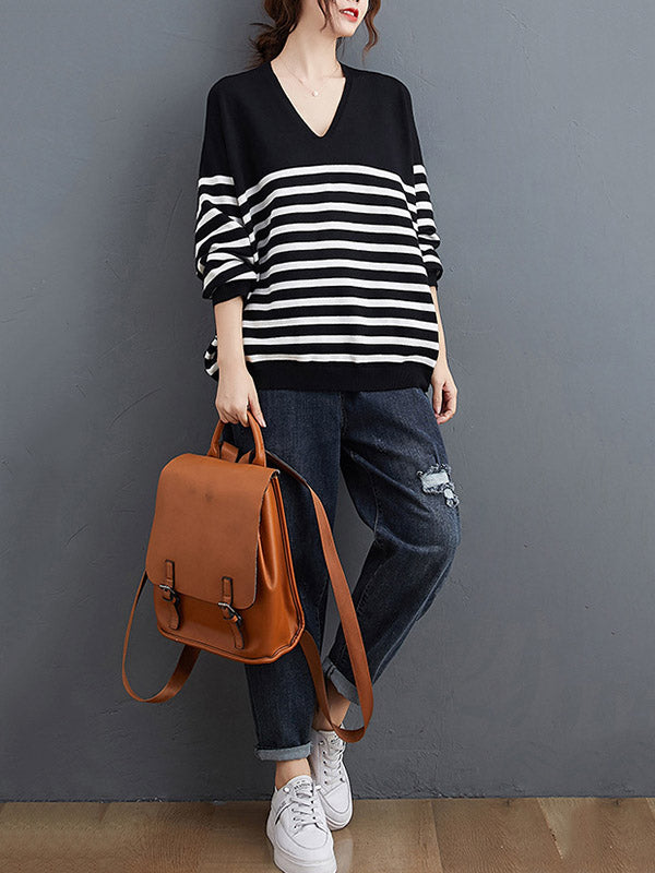 Loose Black V-neck Contrast Color Striped Long Sleeve Knit Sweater An1035