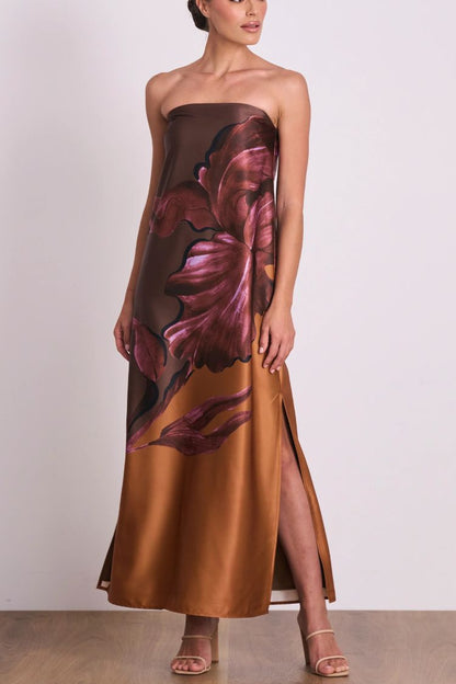 Drawing Inspiration Satin Print Off Shoulder A-line Slit Maxi Dress