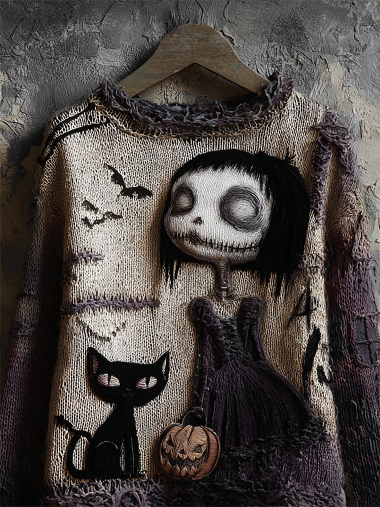 Halloween Gothic Girl & Black Cat Knit Art Cozy Sweater elevenforest