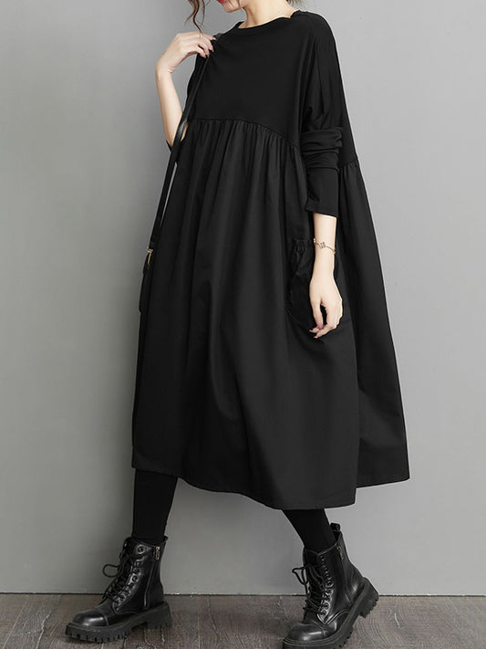 Simple Loose Black Split-joint Long Sleeves Midi Dress
