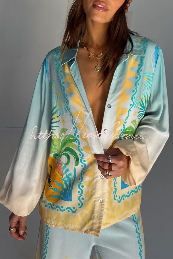 See You in Rio Tropical Fruits Print Button Long Sleeve Loose Blouse