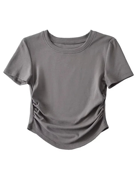 Harajuku Crew Neck Short Sleeve Cotton Tee With Ruched Sides Detail T-shirts