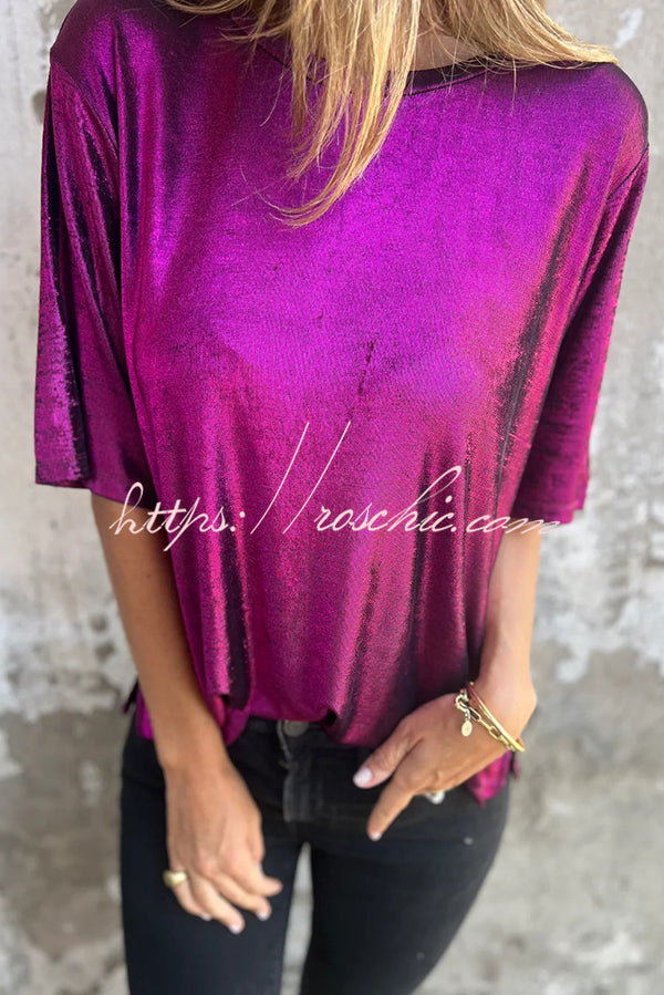 Metallic Color Round Neck Short-sleeved Loose T-shirt