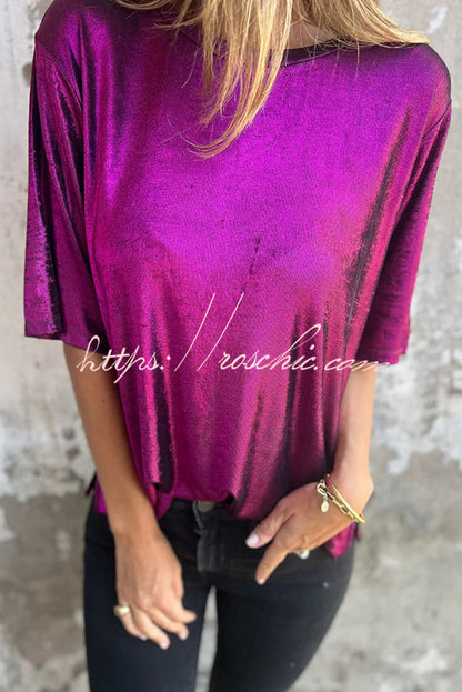 Metallic Color Round Neck Short-sleeved Loose T-shirt