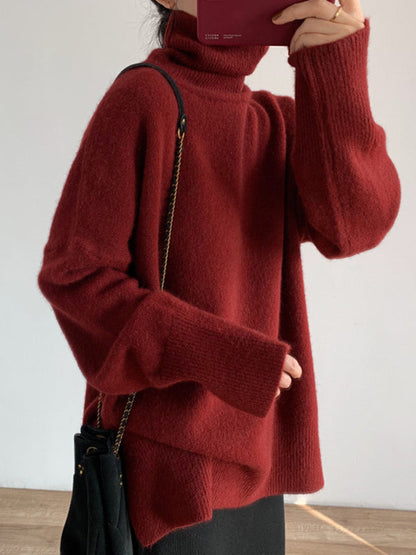 Red High Neck Split Hem Long Sleeve Sweater An1056