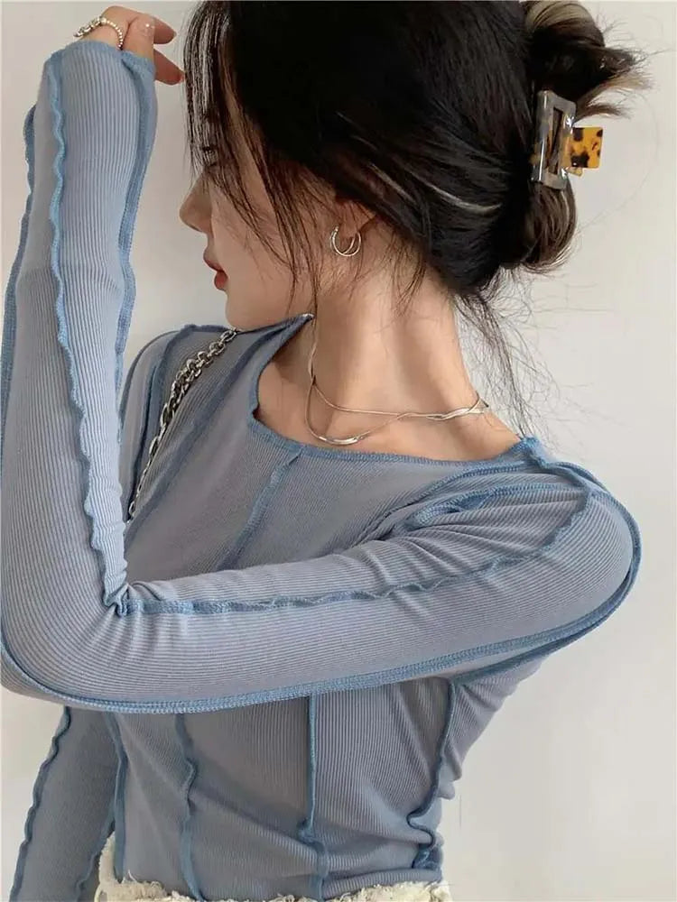 Long Sleeve T-shirts Spring O-neck Bright Line Decoration Slim Soft Clothing Tees
