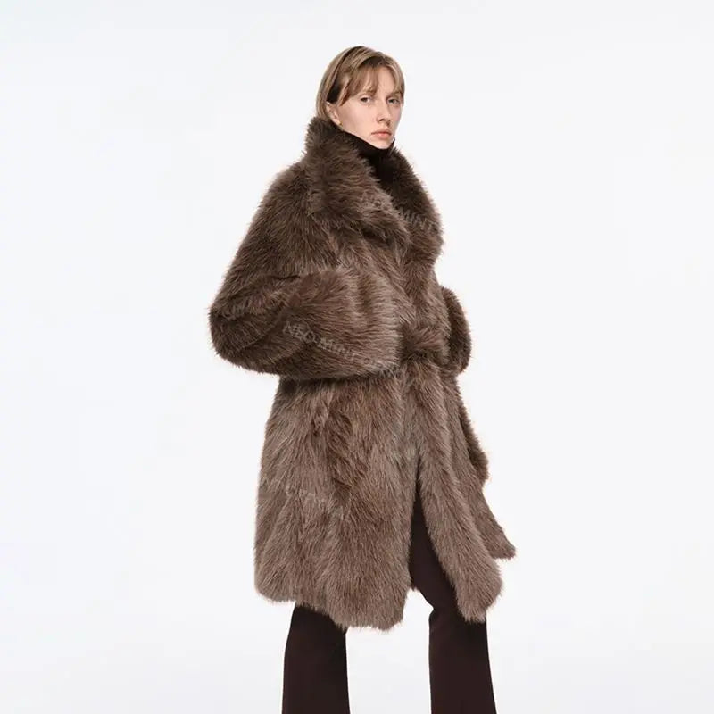 Brand Belted Long Fluffy Faux Fur Coat Winter Thicken Warm Lapel Fox Fur Collar Furry Jacket Overcoat