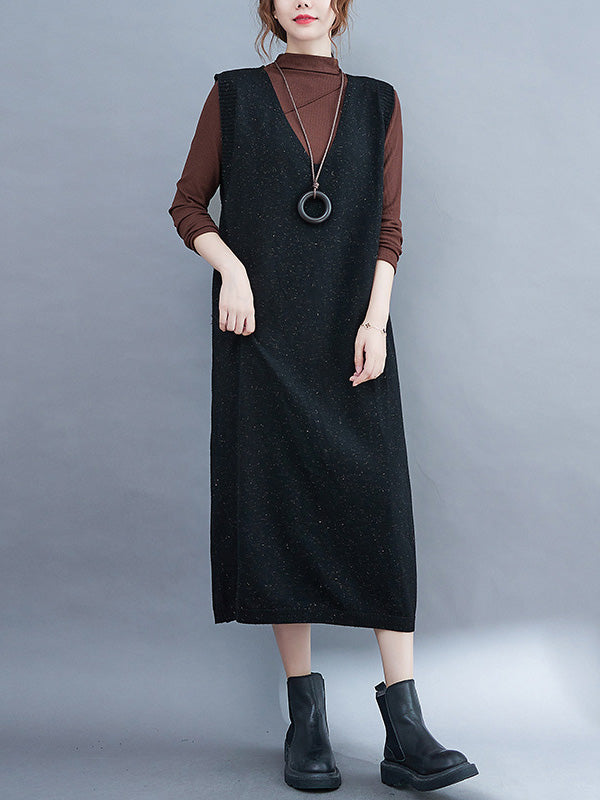 Color Knitting V-neck Sleeveless Sweater Dress