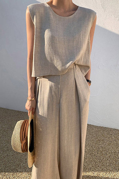 Linen Blend Round Neck Sleeveless Top and Loose Wide-leg Pants Set