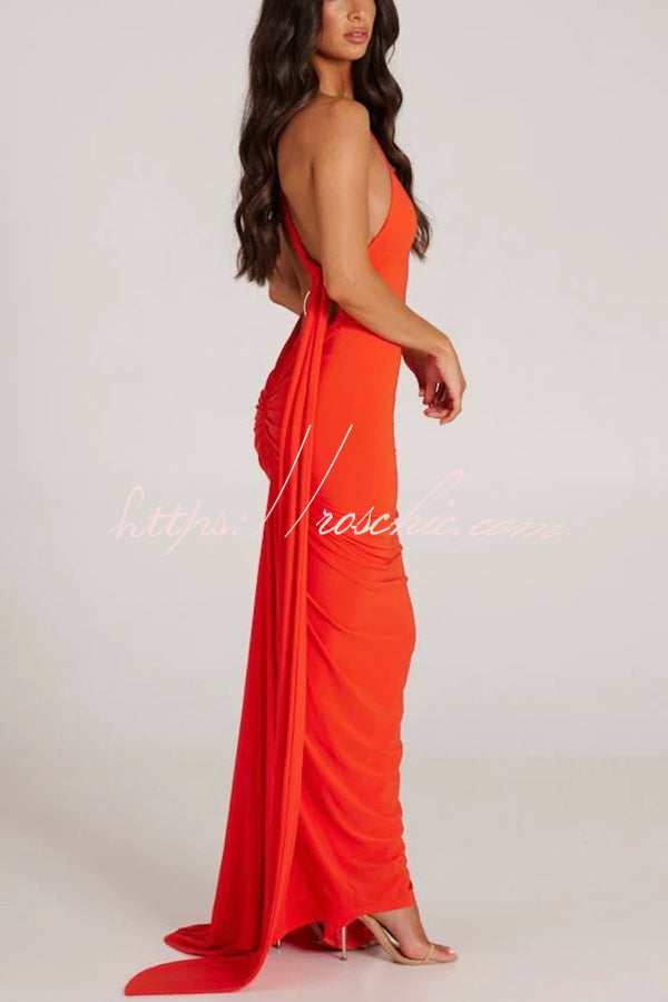 Backless Pleated Slim Color Sleeveless Maxi Dress