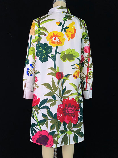 A-line Long Sleeves Flower Print Pockets Split-joint Lapel Midi Dresses