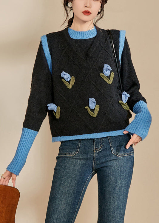 Blue O-neck Patchwork Cotton Knit Sweaters Winter Wv005