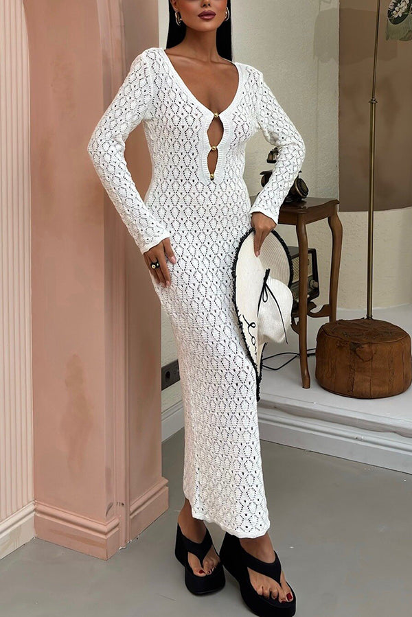 V-neck Long-sleeved Hollow Slim Maxi Dress