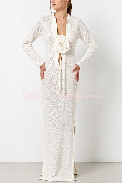 Spanish Breeze Lace Deep V-neck Removable Flowers Long Sleeve Slit Vacation Maxi Dress