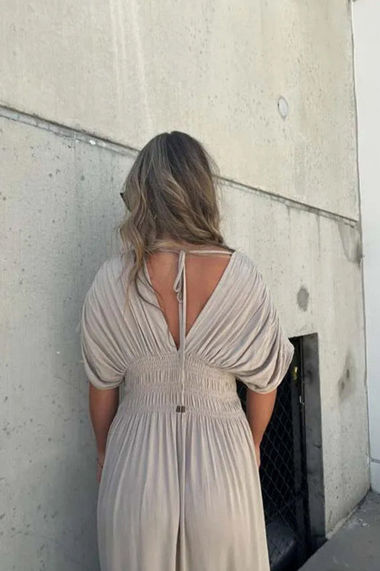 My Treasure Kimono Sleeve Pocketed Smoke Detail Slit Maxi Dress