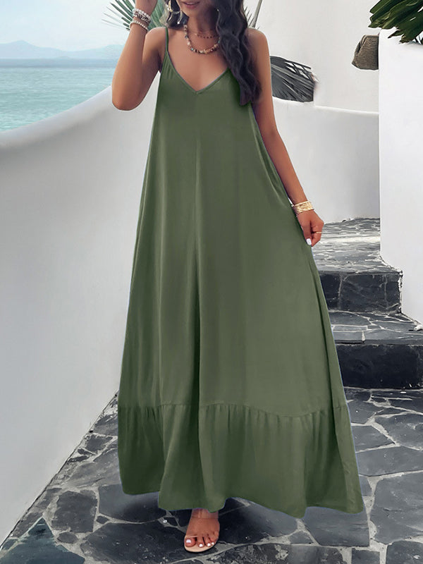 Loose Sleeveless Pleated Color Split-joint Spaghetti-neck Maxi Dresses