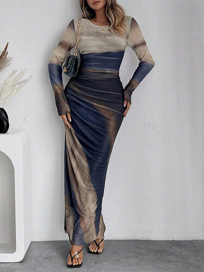 Bodycon Long Sleeves Gauze Gradient Pleated Printed See-through Round-neck Maxi Dresses