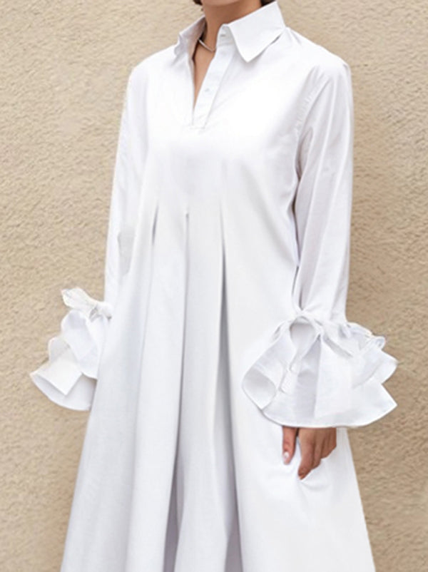 Flared Sleeves Pleated Color Split-joint Lapel Maxi Dresses Shirt Dress
