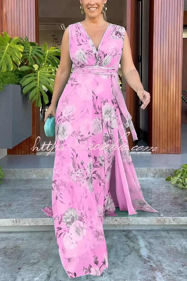 Print V-neck Lace-up Maxi Dress