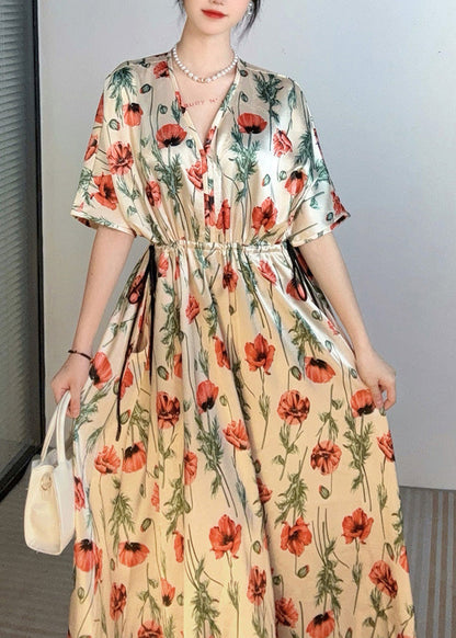 Handmade Apricot V Neck Print Cinched Holiday Long Dress Summer Ao1028