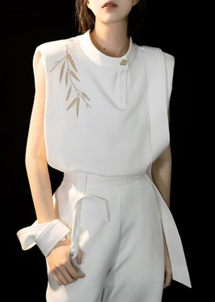 Chinese Style White O-neck Embroidered Top and Straight Pants Two Piece Set Summer Tt1014