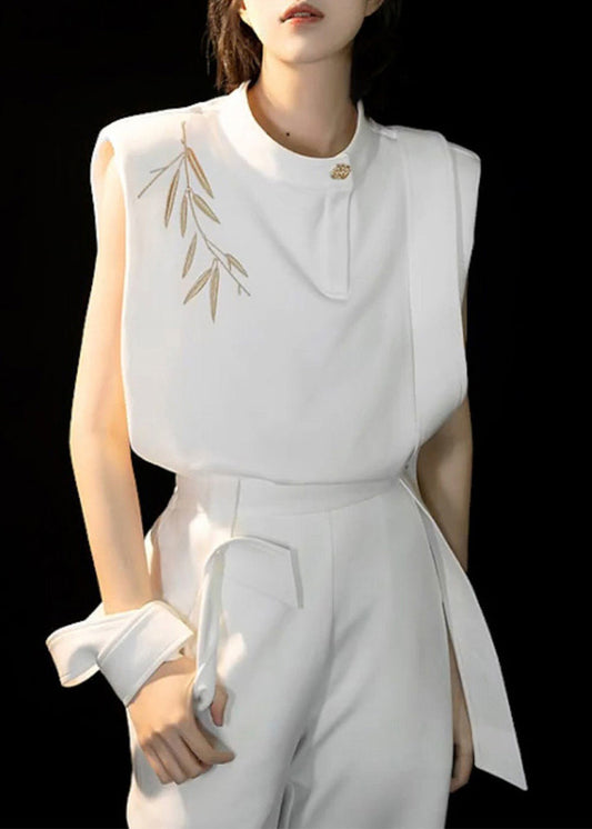 Chinese Style White O-neck Embroidered Top and Straight Pants Two Piece Set Summer Tt1014