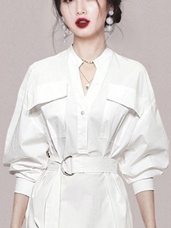 Long Sleeves Loose See-through Split-joint Split-side Tied Waist V-neck Midi Dresses Shirt Dress