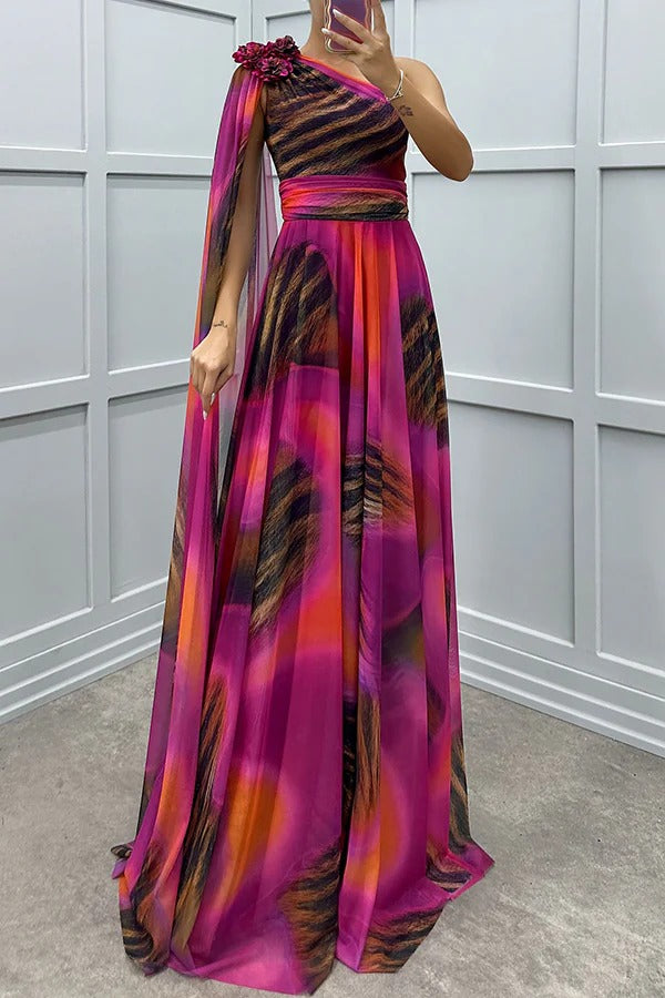 Lucia Unique Print Detail One Shoulder Draped Sleeve Gown Maxi Dress